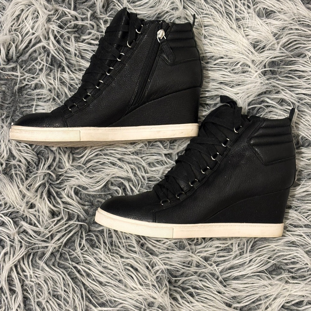 Linea Paolo Felicia Black Leather Wedge Sneakers High Top Side Zip Womens 11M